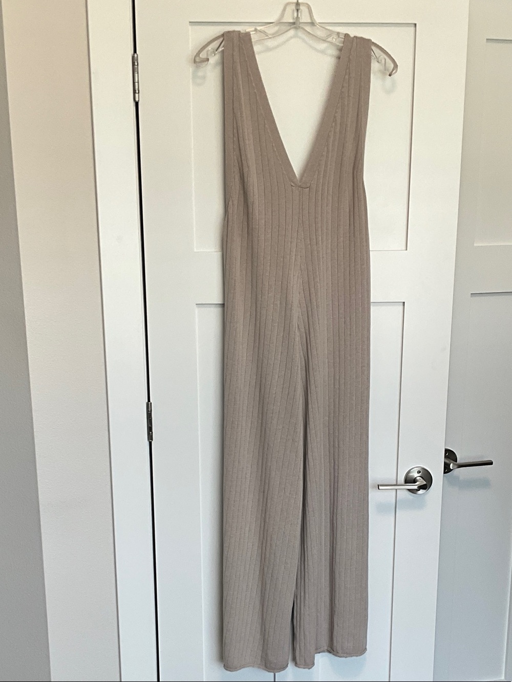 Ribbed V-Neck Wide-Leg Jumpsuit in Taupe